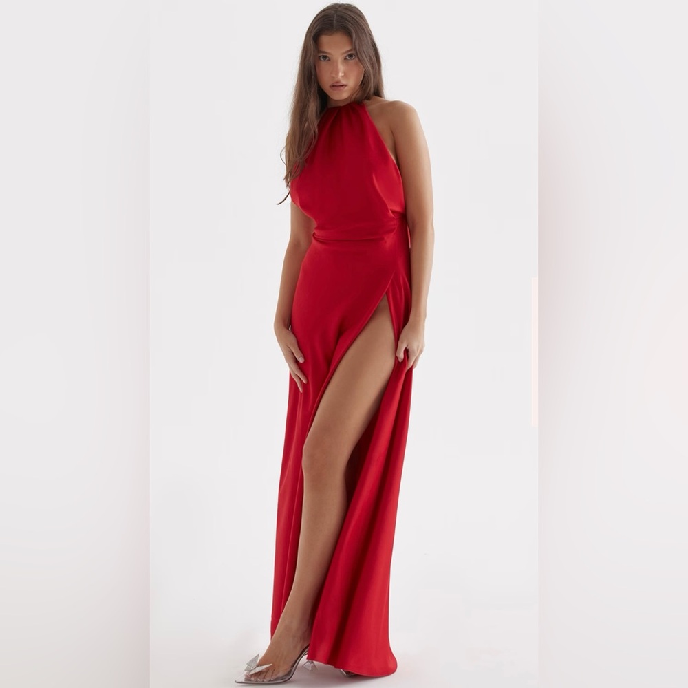 House of CB Zanab Open Back Satin Maxi Cocktail Dress - Red Rose Medium - Picture 2 of 2